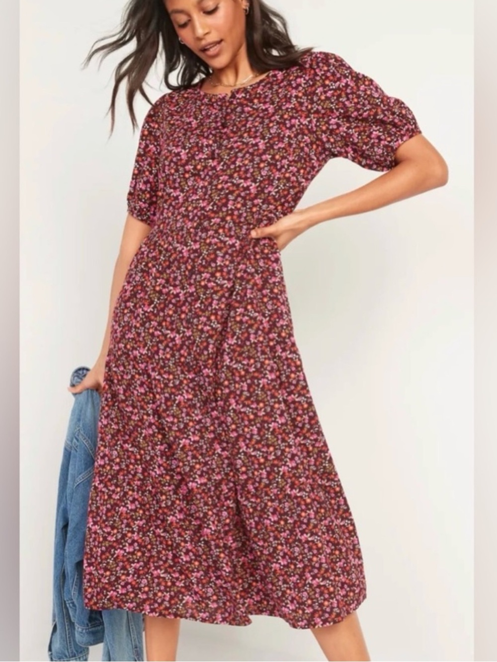 Old Navy 100% cotton cranberry floral midi dress button front
